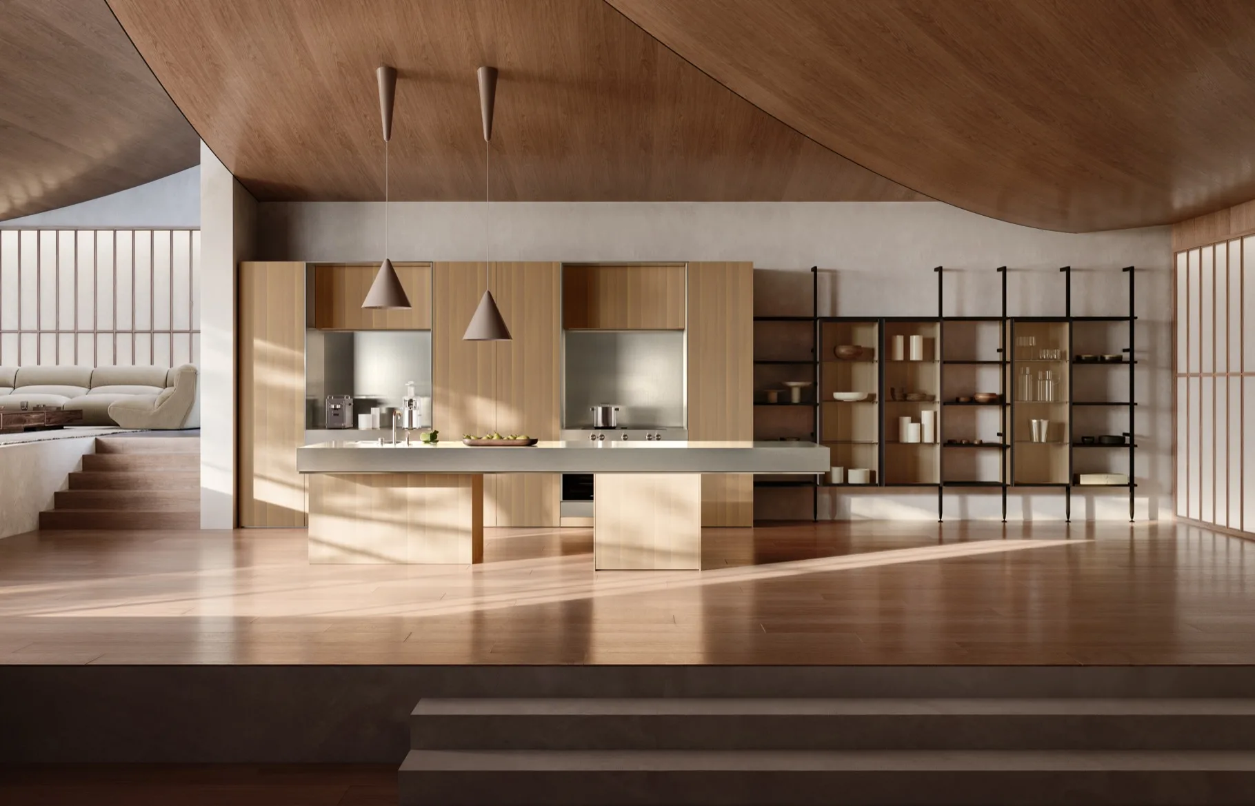 Cocina Doimo Coro de Ferruccio Laviani en roble, gran espacio de doble altura