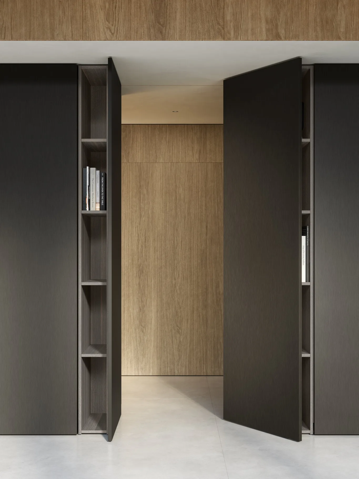 Detalle de puertas correderas y estanterías interiores en roble