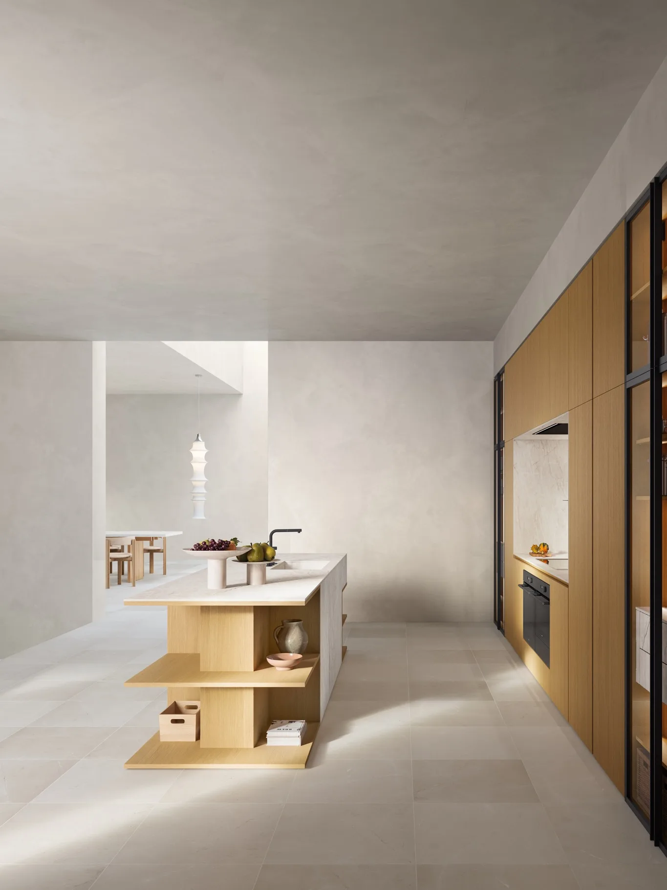 Cocina Doimo minimalista en blanco con isla de roble